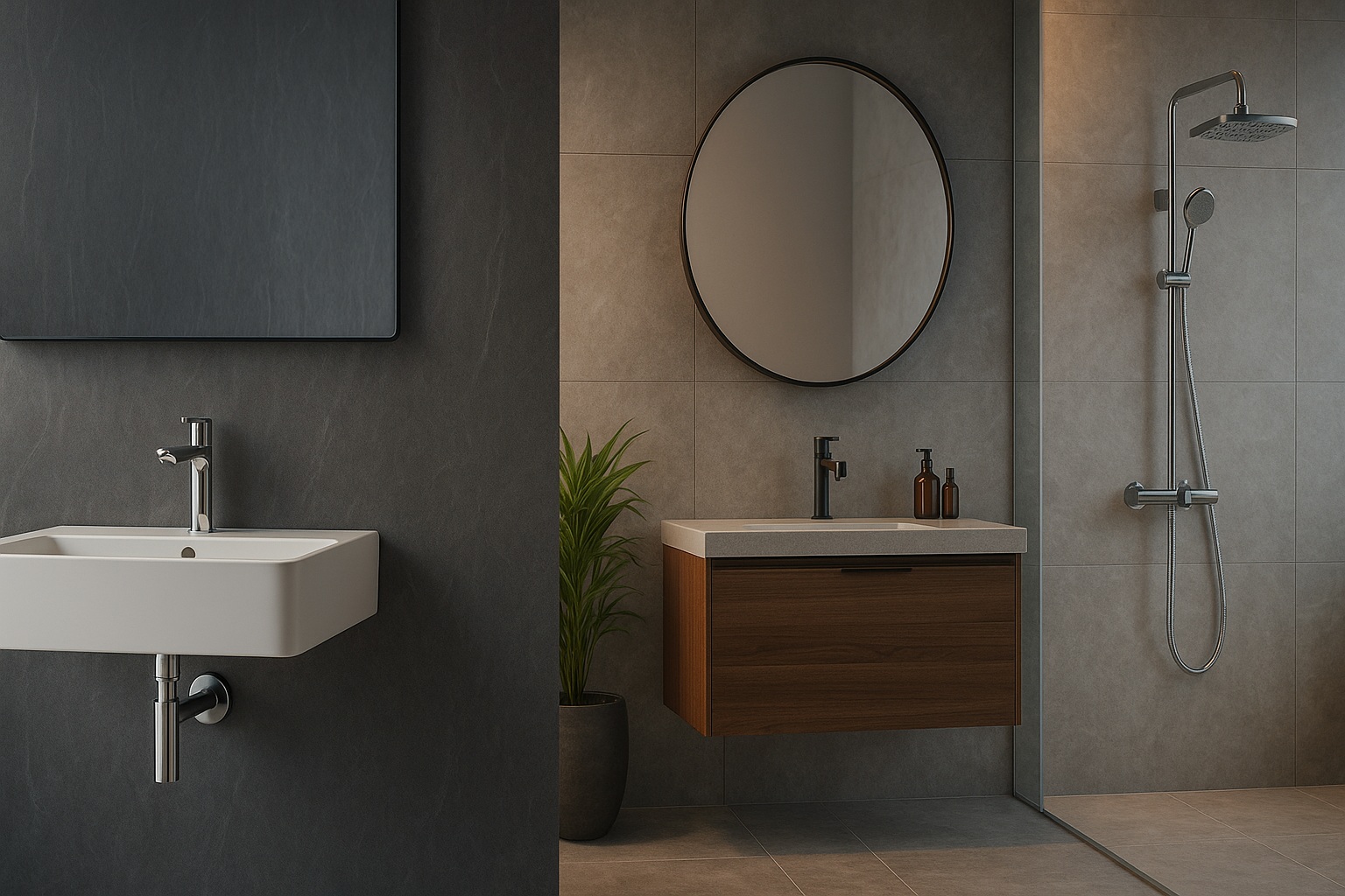 Modern wall-mounted BathSelect sink and faucet in a contemporary bathroom